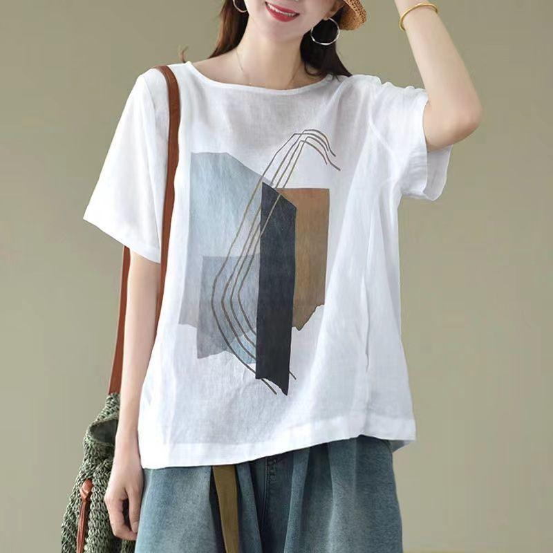 Dames Retro Casual Løse Bomull Lin T-skjorter Stor Størrelse Trykte Topper Sommer Rund Hals Korte Ermer T-skjorte