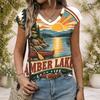 Women Plus Size V Neck Wide Short Sleeve Landscape Text Printed T Shirt