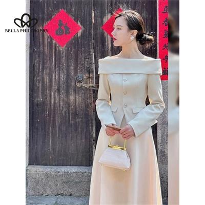 Frühling Neue Off-schulter Mode Temperament Kleid Anzug Off-schulter Lange Ärmel Einfarbig Einfache Cusual Retro Anzug