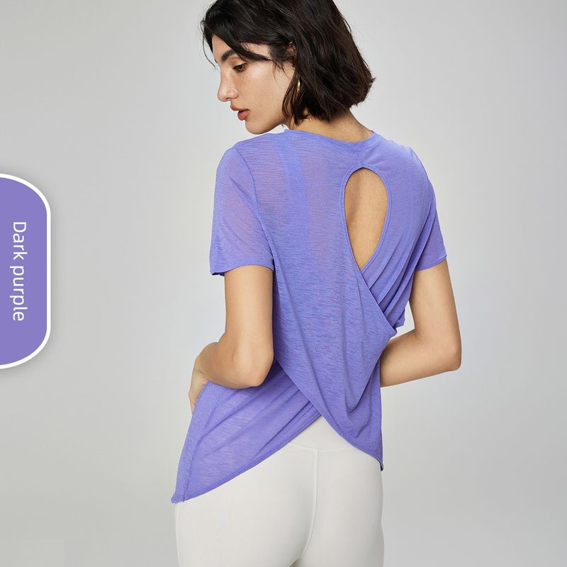 

Пышная пряжа Свободная дышащая одежда для йоги С коротким рукавом Вырез на спине Спортивный топ Женская футболка с круглым вырезом для спорта и фитнеса Лето Dark purple 6