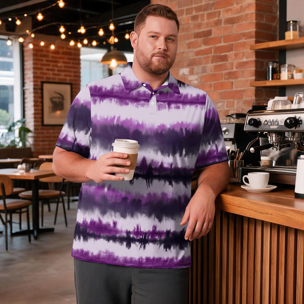 Men's Big Size Short Sleeve Golf Shirt Breathable Casual Workwear Polo Shirt with Striped Plaid Print Comfortable Fit