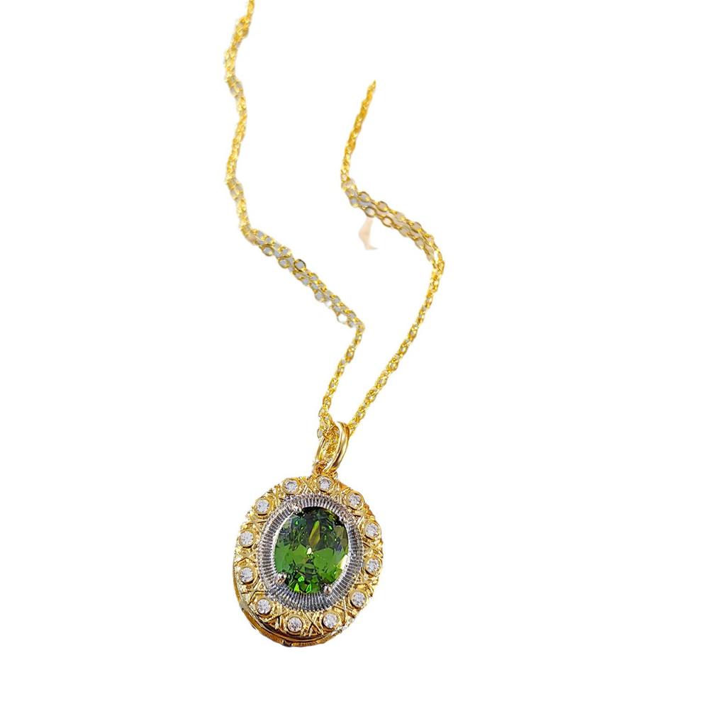 Imitation Natural Peridot Pendant, High-End Zircon Necklace, Italian Two-Color Gold Round Collarbone Chain.