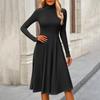 Vestido Midi Casual de Moda Feminina com Gola Alta e Mangas Longas em Cor