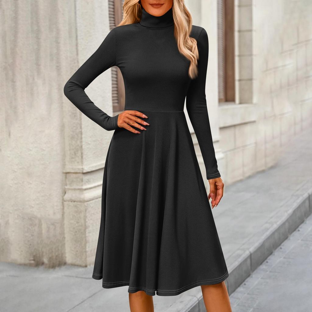Vestido Midi Casual de Moda Feminina com Gola Alta e Mangas Longas em Cor