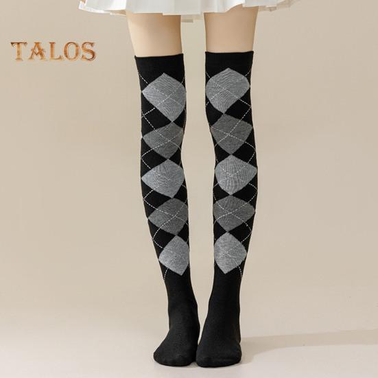 1 Pair Winter Socks Rhombus Printing Over-the-knee Socks Warm Extra Loose Ankles Contrasting Color Stockings for Daily Wear Dancing