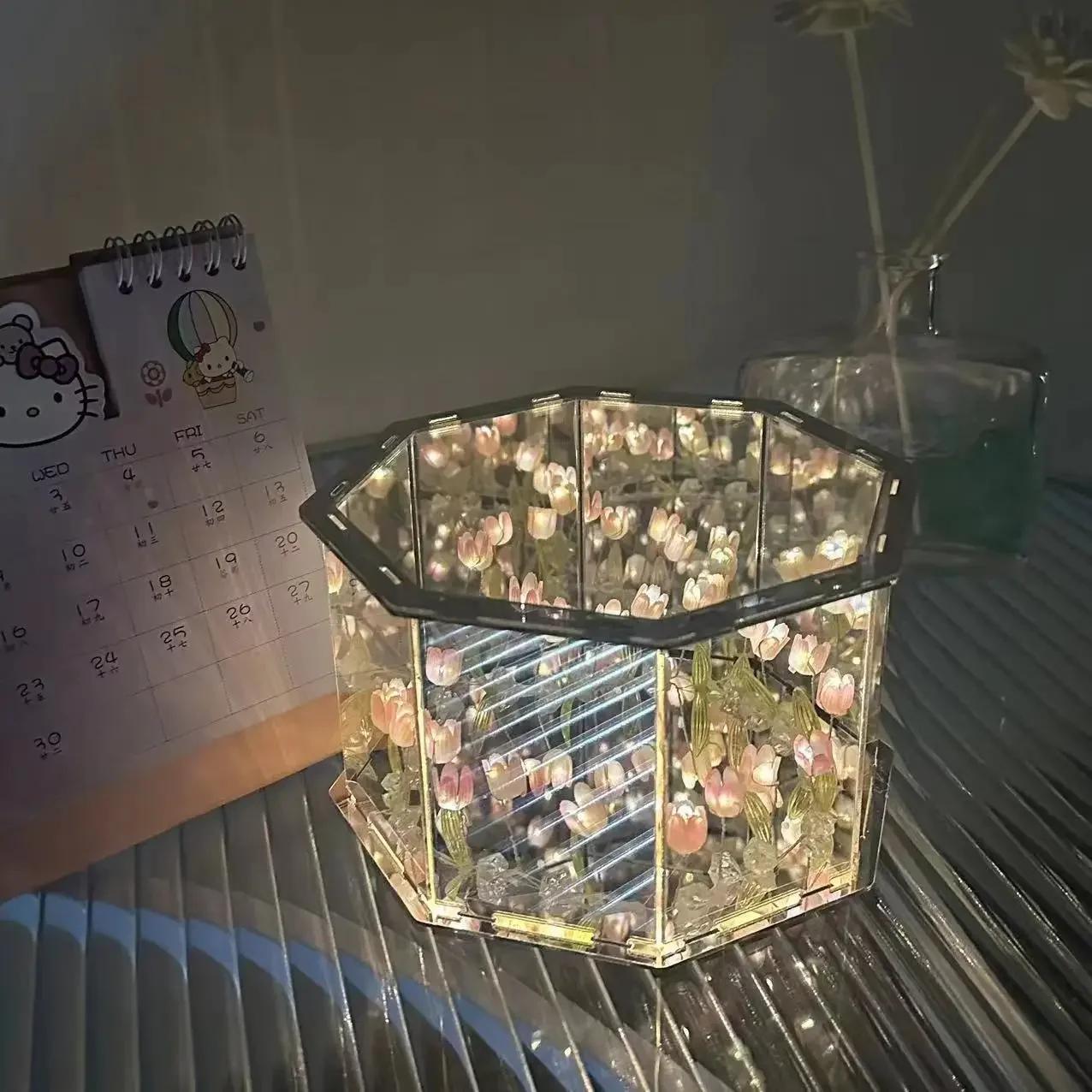 

Новый 2025 DIY креативный цветок тюльпана морской куб восьмиугольник маленький ночник материал пакет для подруги пары подруг розовый