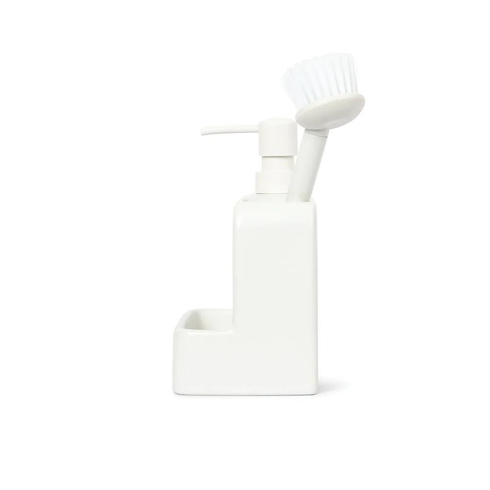 Ceramic Liquid Soap Pump with Built-in Brush Caddy Multi-Purpose Dispenser Kitchen and Bathroom Heavy Duty Easy One-Handed Use