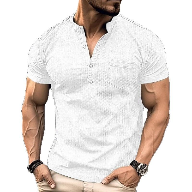 Men Stand Collar Half Button Henley Short Sleeve T-Shirt With Chest Pocket