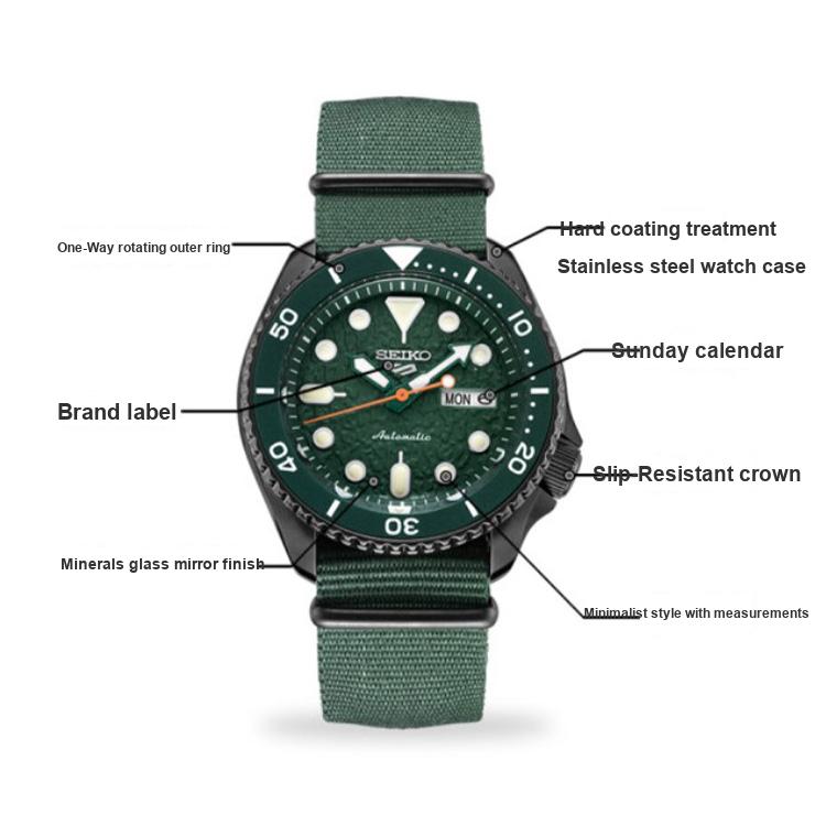 Seiko 5 Oriental Green Water Ghost Black Water Ghost Series Fashion Sports Diving Watch Manual Dual Calendar Mechanical Movement Nylon Strap SRPD77K1