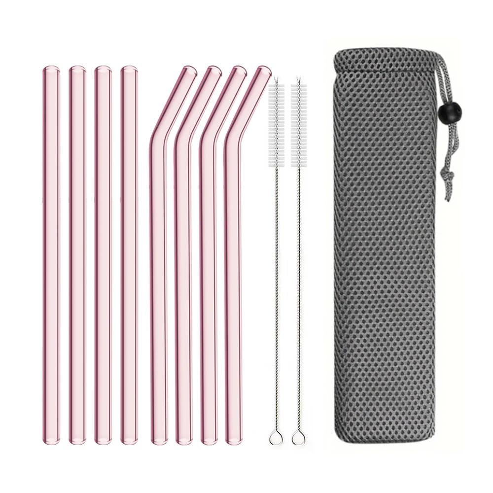 3/5/10/11Pcs Reusable Glass Straws Pink Glass Drinking Straws 8mm Tubes Juice Smoothie Tea Straws Glasses Straw Set for Drink