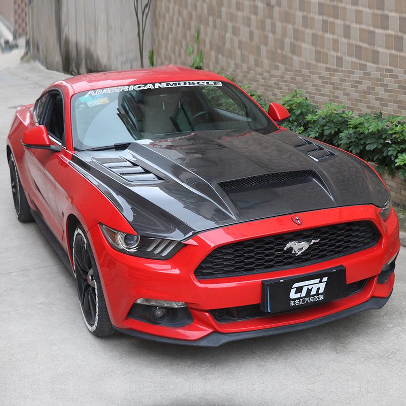 TF Carbon Fiber Vented Hood for 15-17 Ford Mustang: Enhances Engine Bay Heat Dissipation