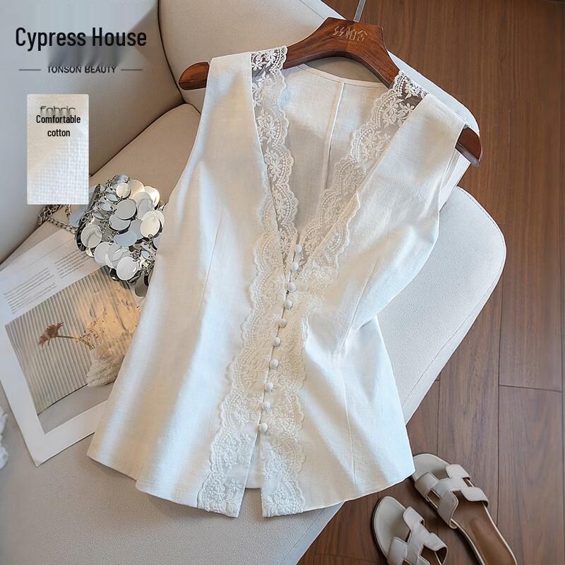 Women s Elegant Lace Patchwork Ramie Blend V-Neck Vest L