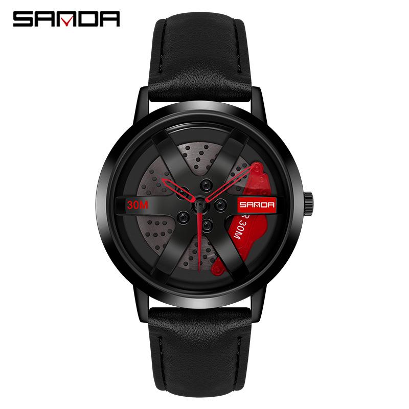 Sanda Cool Men's 3D Hollow Car Wheel Leather Strap Quartz Watch