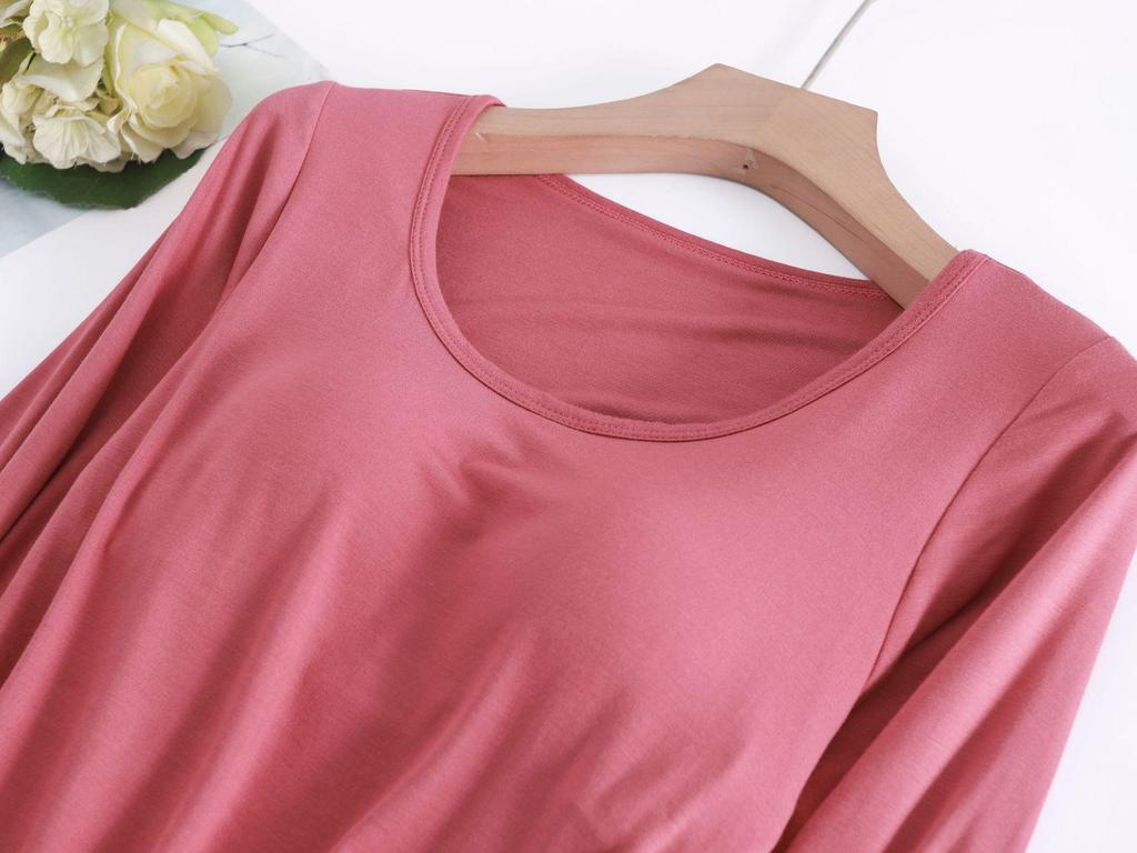 Modal Cup Integrated Long-Sleeve Women's Korean-Style Loose Pajama Top with Chest Pad