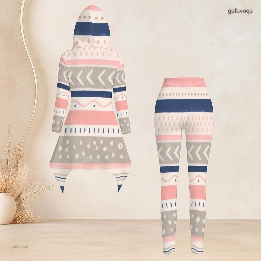 Women Plus Size Hooded Long Sleeve Printed High Low Top Fitted Pants Two Piece Set