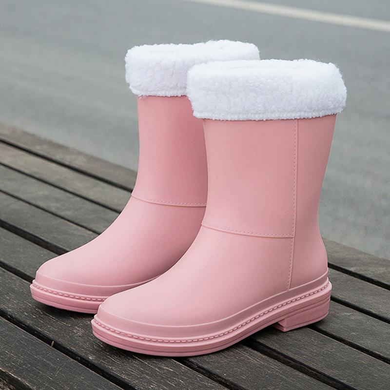 Waterproof rain boots medium tube velvet rain shoes women wear non-slip students warm rubber shoes wear-resistant work water shoes winter