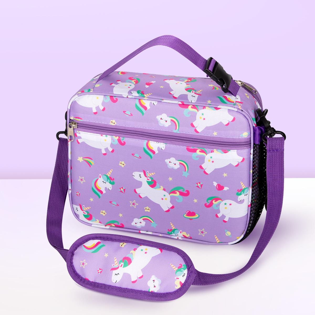 

Cartoon Insulated Lunch Bag for Student Portable Food Thermal Box Waterproof Office Lunchbox With Shoulder Strap Insulated Case фиолетовый