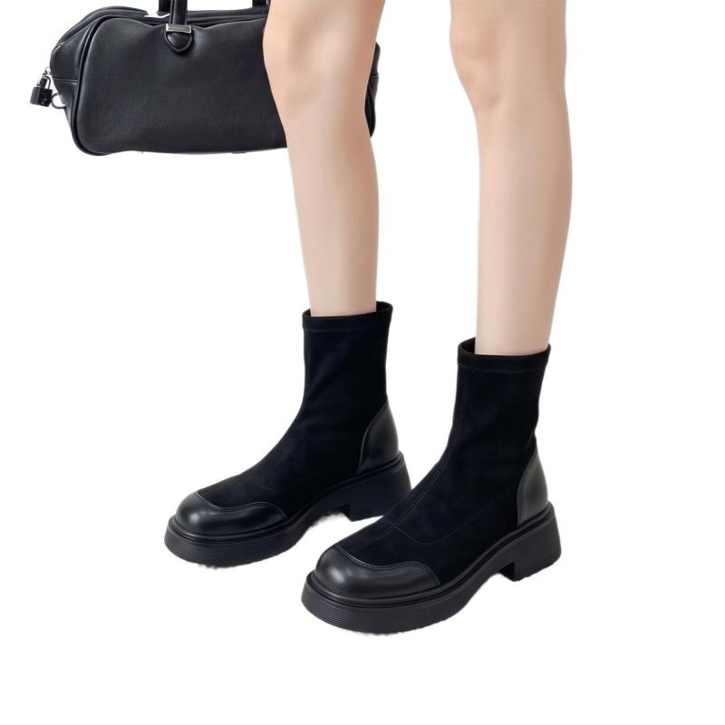 Splicing elastic socks boots women's thick-soled thick heel round head short boots autumn and winter thin soft leather splicing sleeve elastic boots