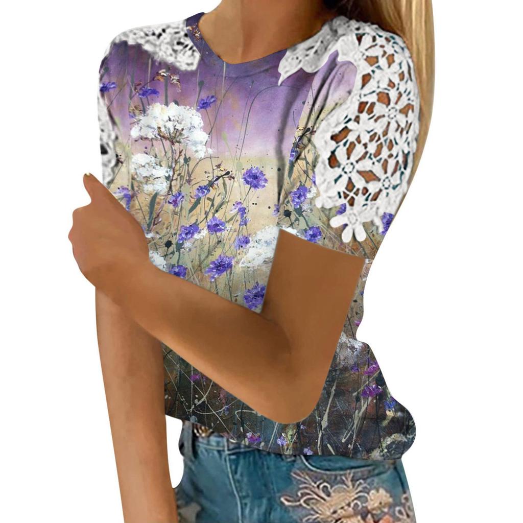 Women's Fashion Lace Hollow Print Round Neck Short Sleeve T-shirt Top