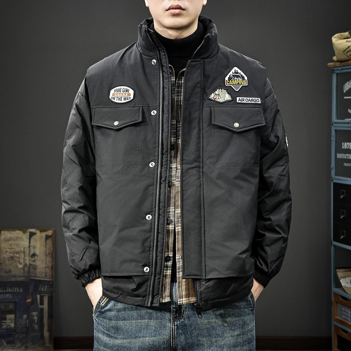 Men s 2025 Trendy Patchwork Faux Two-Piece Stand Collar 90% Duck Down Winter Jacket 4XL (200-220 jin) чёрный
