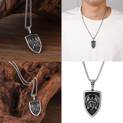 Men's Necklace with Angel Shield Designs Men's Stainless Steel Necklace Featuring Angel Shield Pendant for Gatherings