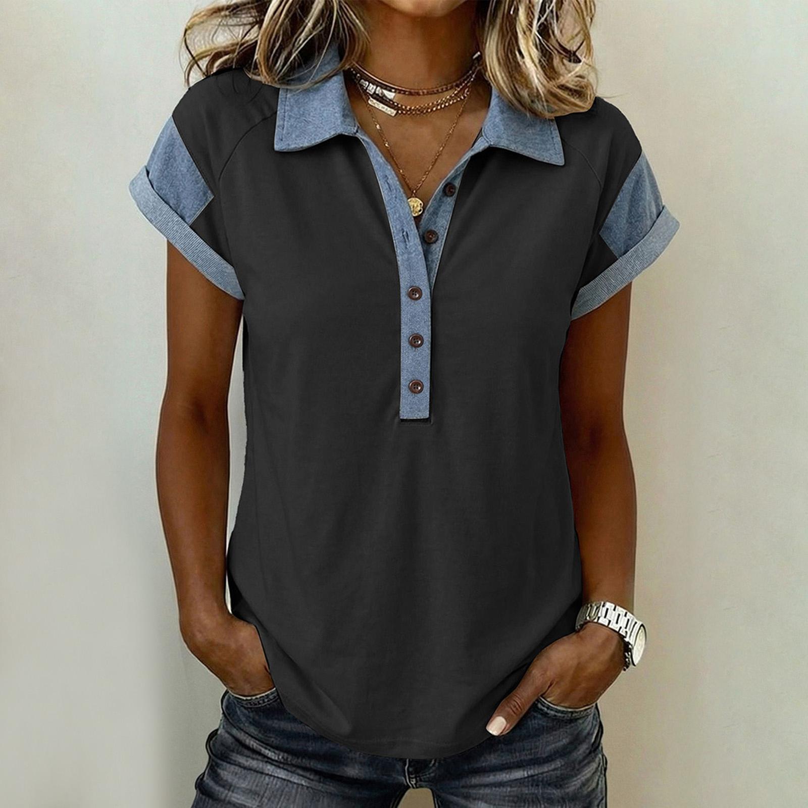 

Модный женский новый пуловер с воротником, универсальная джинсовая рубашка на пуговицах с цветовыми блоками. L