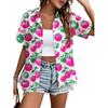 Womens Loose Fit Short Sleeve Printed Shirt Casual Vacation Style Collared Open Front Top