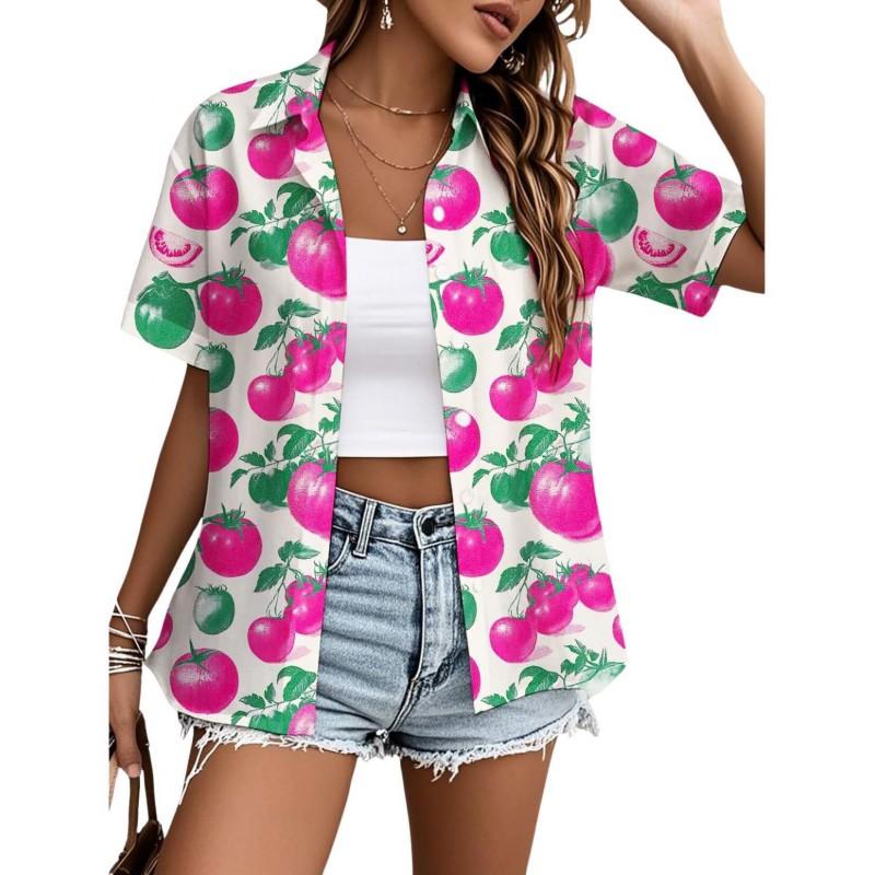 Womens Loose Fit Short Sleeve Printed Shirt Casual Vacation Style Collared Open Front Top