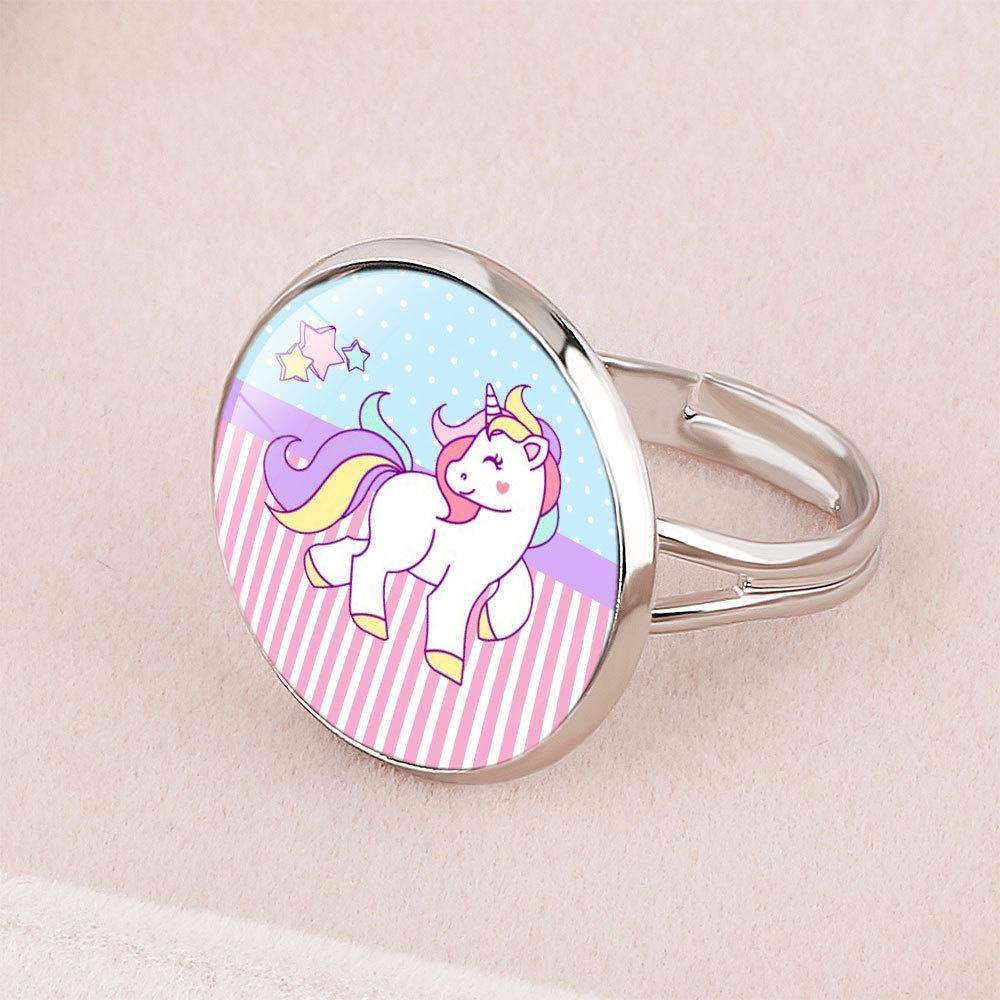 Colorful Unicorn Time Gem Ring Adjustable Cartoon Jewelry For Kids