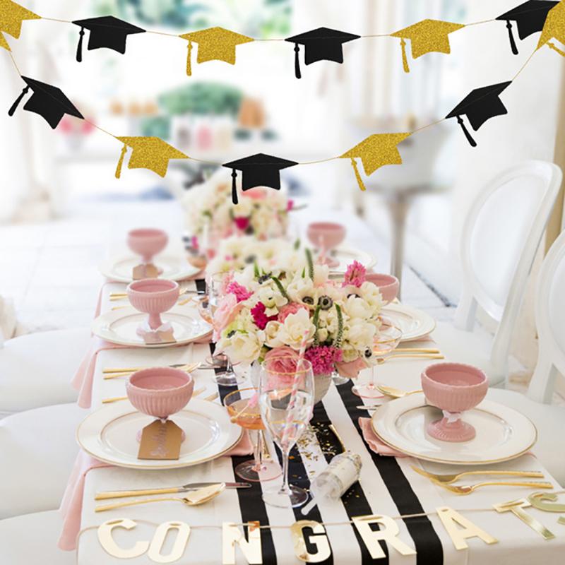 Black Gold Graduation Bachelor Hat Banner Paper Cap Garlands For School Celebrations 2023 Graduation Party Hanging Decorations