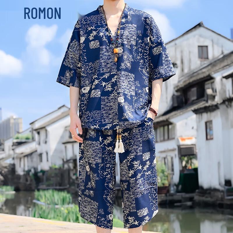 

ROMON Men s New Chinese Style Floral Linen Blend Half-Sleeve Suit M