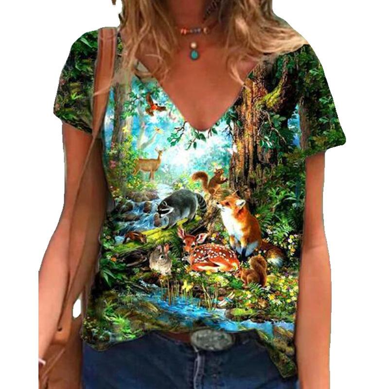 Women's Casual T-shirt Top New V-neck Loose Short Sleeved Digital Printed 3D T-shirt