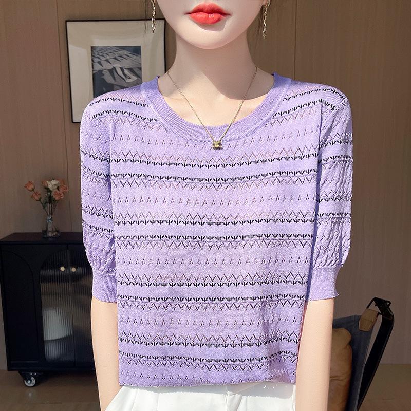 Damen Eisseide Colorblock Strick-T-Shirt - Kurzarm, Rundhalsausschnitt, Sommermode