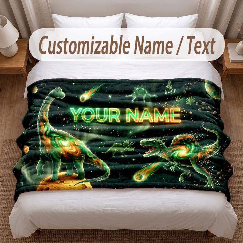 Dinosaur Theme Soft Blanket Personalized Custom Name Text Print Warm Blanket Home Sofa Bedroom Decor