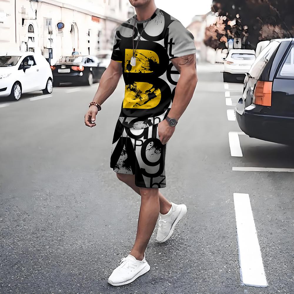 Summer Men's Short Sleeve Tee Shorts Set Casual Men's Sports T-shirt Shorts 2-piece Set Quick Dry Breathable Drawstring T Shirts