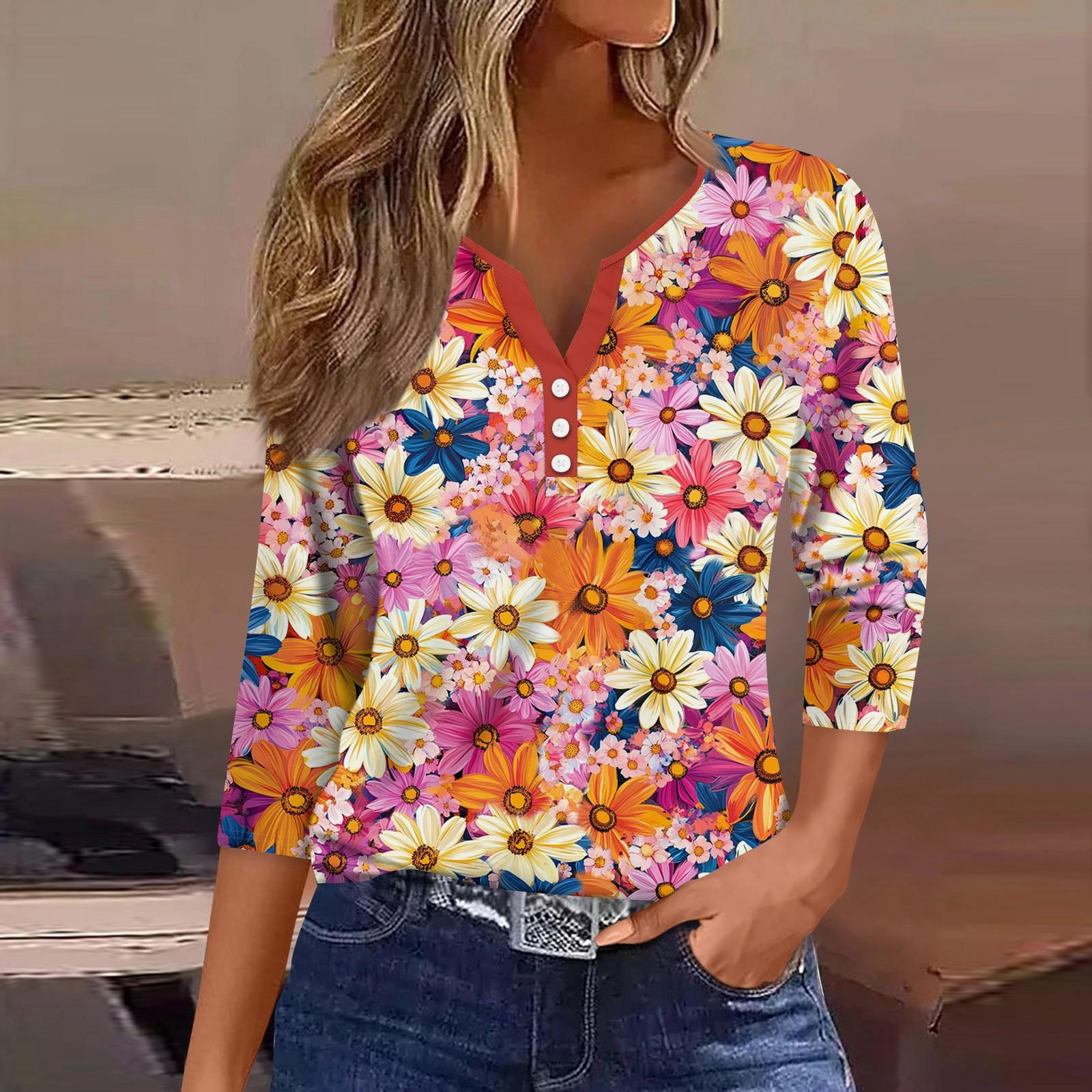 

3/4 Length Sleeve Womens Tops Print Vintage Fashion Casual Loose With V Neck Plus Size Shirts Tops XL кавовий