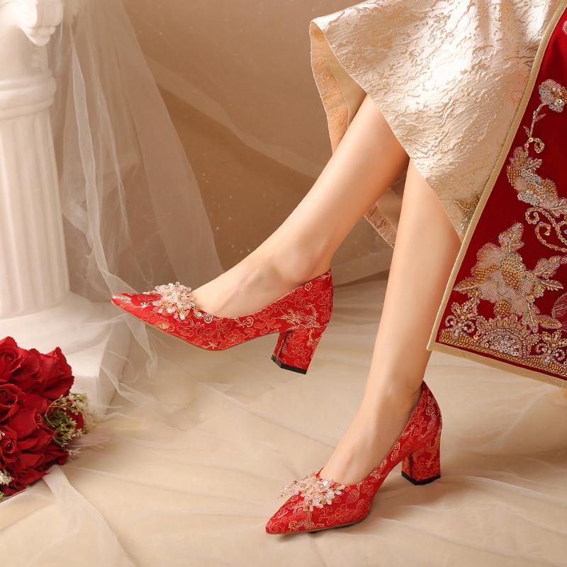 Chinese Soft Sole Wedding Shoes Bridal Shoes High Heels Women's Single Shoes