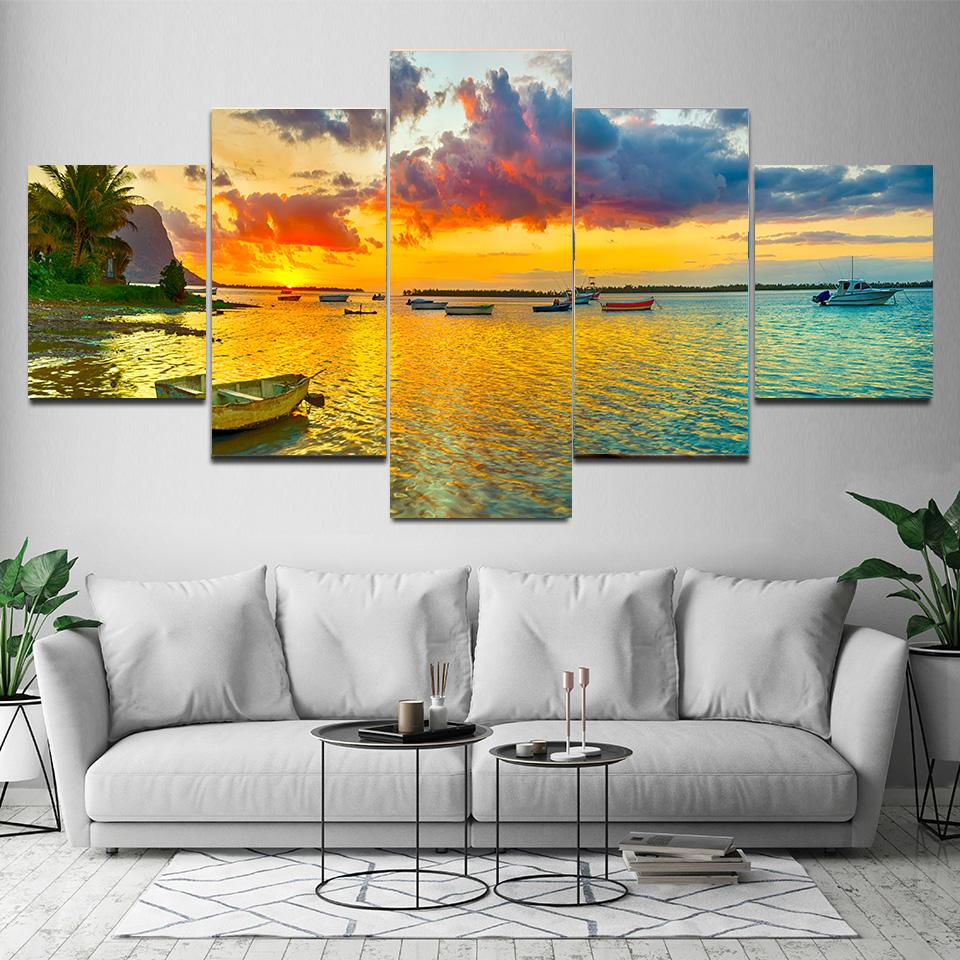 5 Pieces Natural Blue Beach Sunset Landscape Canvas Painting Seascape Posters And Prints Wall Art Pictures Home Decor No Frame