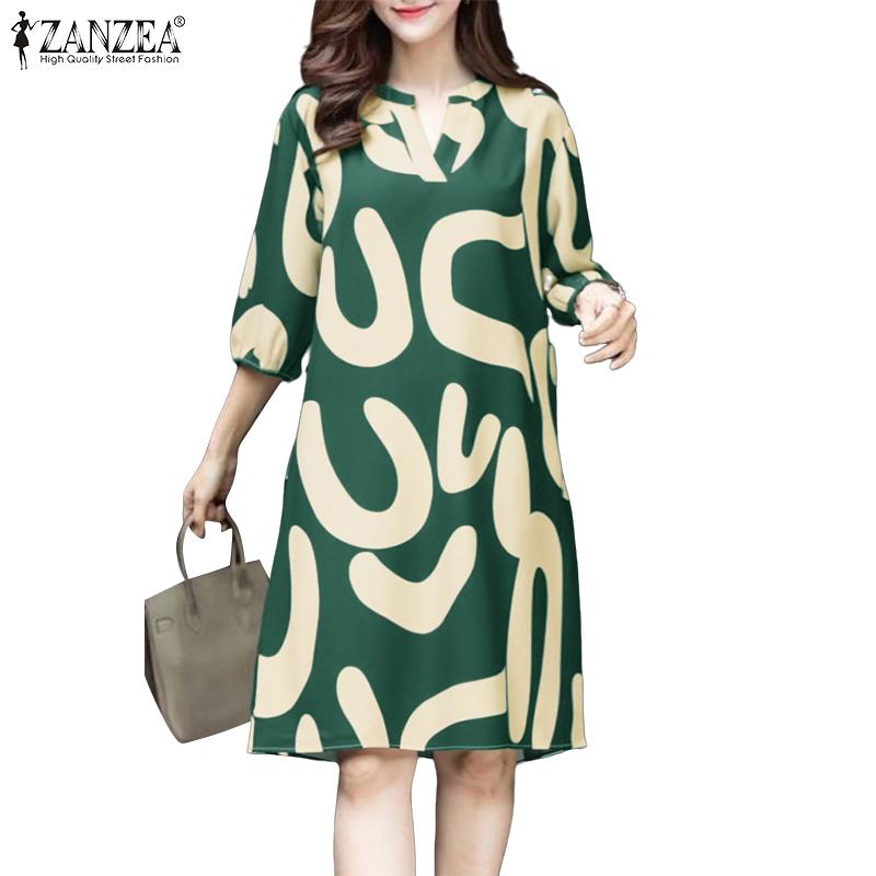 ZANZEA Women Summer V-Neck 3/4 Sleeve Casual Print Dress