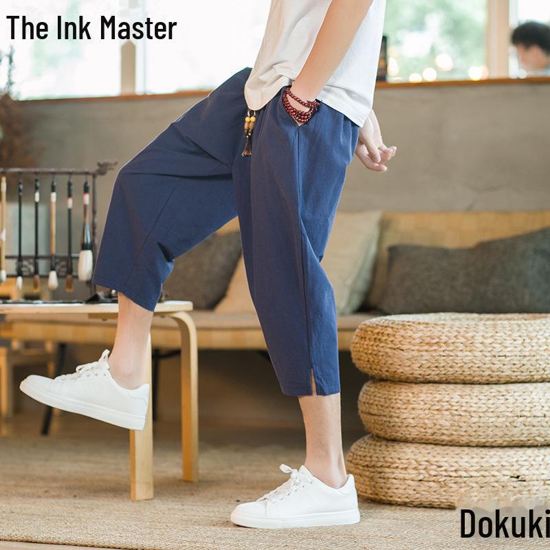 Lässige Herren-Haremshose aus Leinen im chinesischen Stil - Sommerliche leichte Weitbein-Cropped-Hose