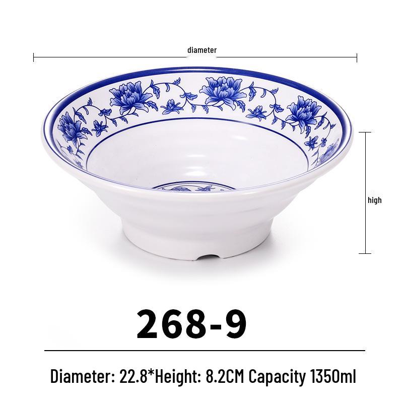 Blue & White Melamine Noodle Bowl: Imitation Porcelain Tableware for Ramen, Soup, Wonton, or Beef Noodles in Noodle Shops