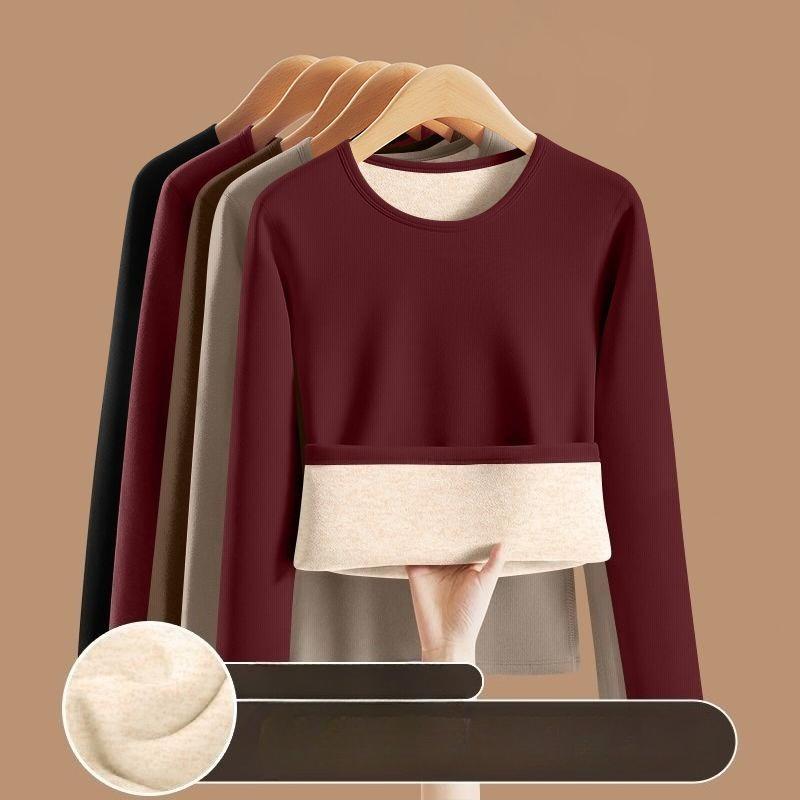 Women's Autumn Winter Round Neck with Velvet Lining Sweater Thickened Wear Thermal Clothes Long-sleeved T-shirt Bottoming Shirt