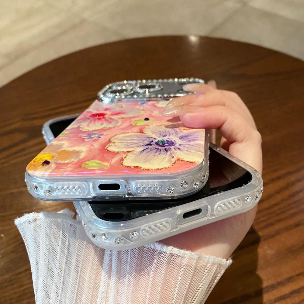 Sparkling Rhinestone Floral IMD Pattern Soft Case For iPhone 17 Pro Max 16 15 14 13 Vibrant Floral Design Shockproof Funda Cover