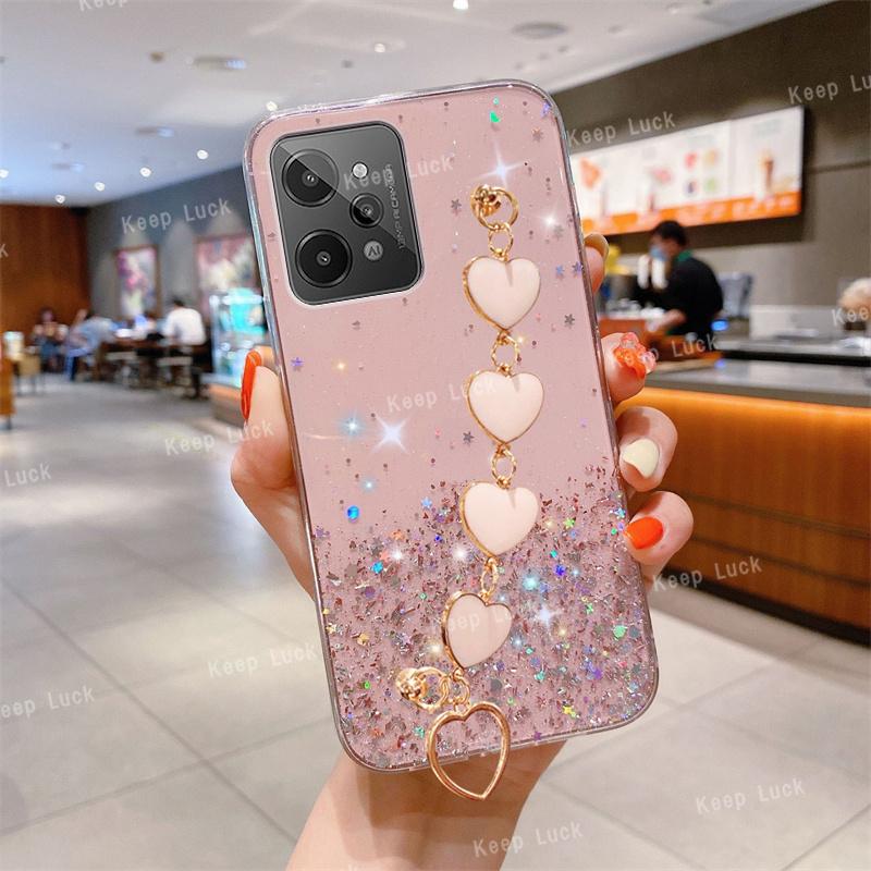 

Чехол для телефона с цепочкой и запястьем Love Heart для OPPO Realme C31 C35 C30 C25 C25Y C21 C21Y C17 C12 C11 9i 7i 8 8i Pro, блестящий бампер Realme C31 розовый