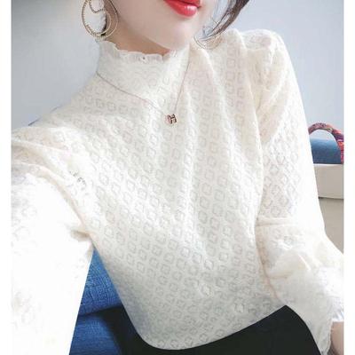 2228 Plus Velvet Lace Bottoming Top: Autumn/Winter Fashion Half-Neck Long Sleeve Shirt