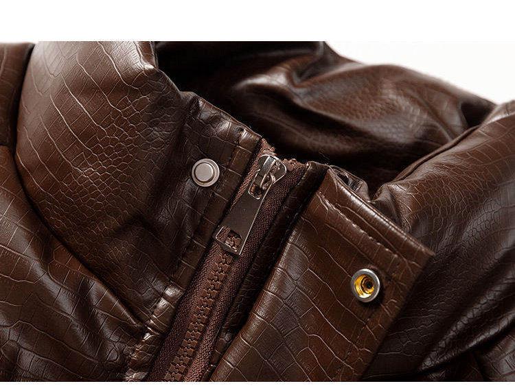 2025 Men's American Style Crocodile Pattern PU Leather Winter Jacket - Thick, Loose, Plus Size Cotton Coat