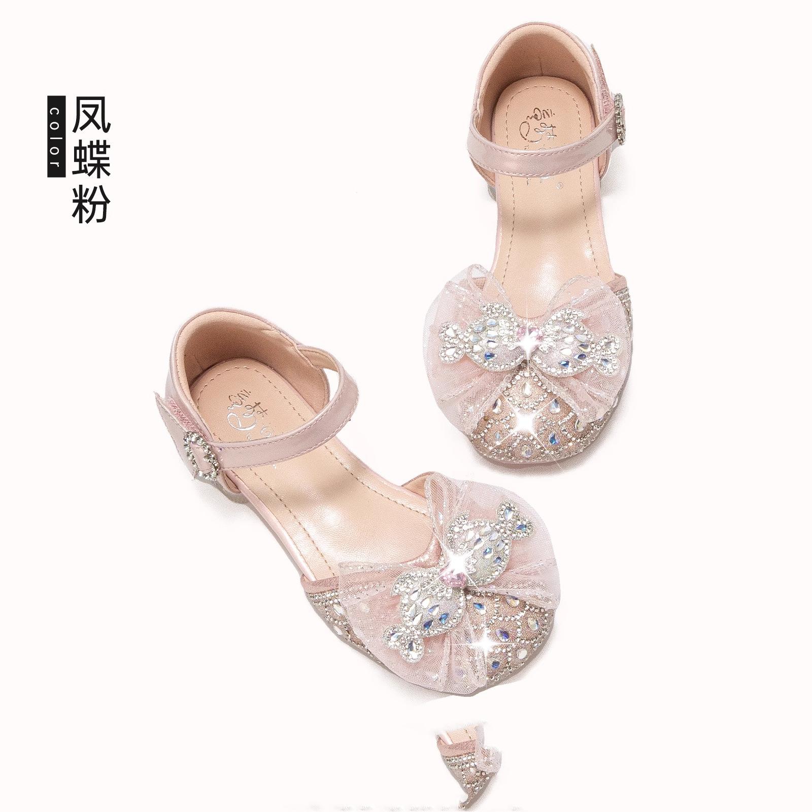 

Туфли принцессы для девочек, летние новые, босоножки на высоком каблуке для маленьких девочек, корейский стиль, детская обувь, мягкая подошва, бант, нескользящие 28Inner Length17.3cm розовый