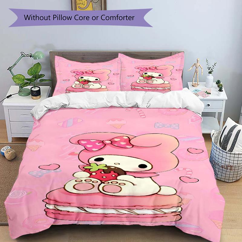 3pcs My Melody On a Pink Macaron Pattern Bedding Set, 1* Cover + 2*Pillowcases, Printed Bedding Set, Soft and Comfortable.S068
