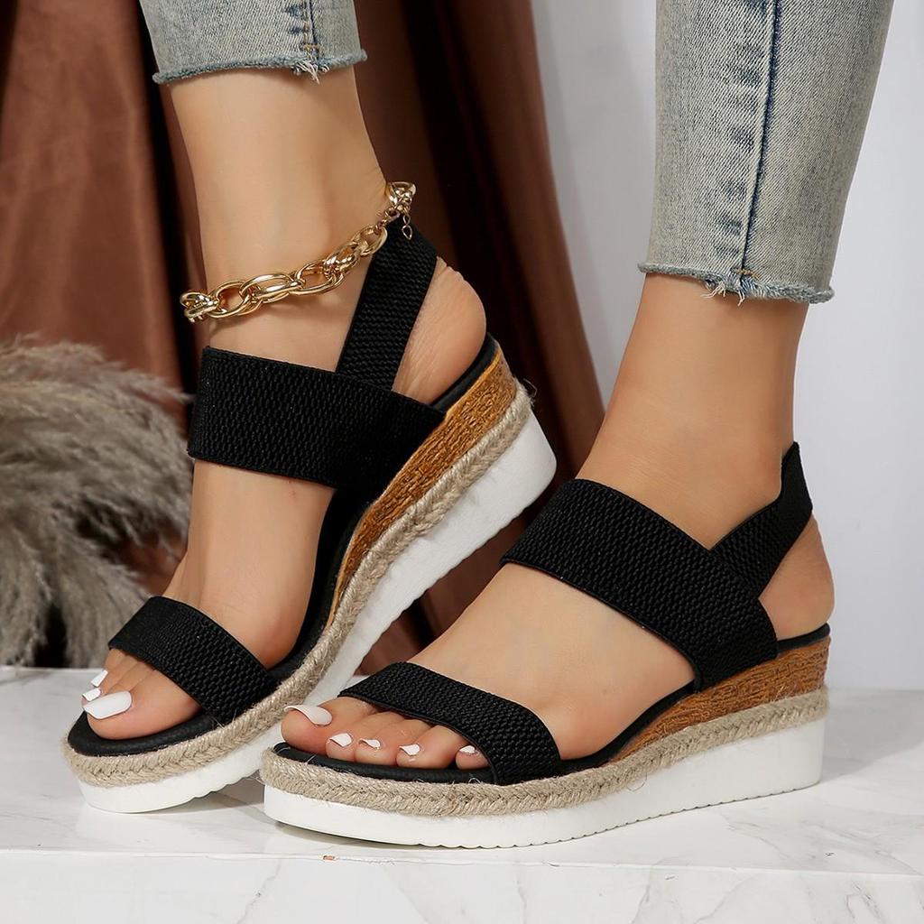 Plus Size Elastic Band Wedge Sandals, Women's Summer 2025, Slip-on Thick Sole Open Toe Sandals