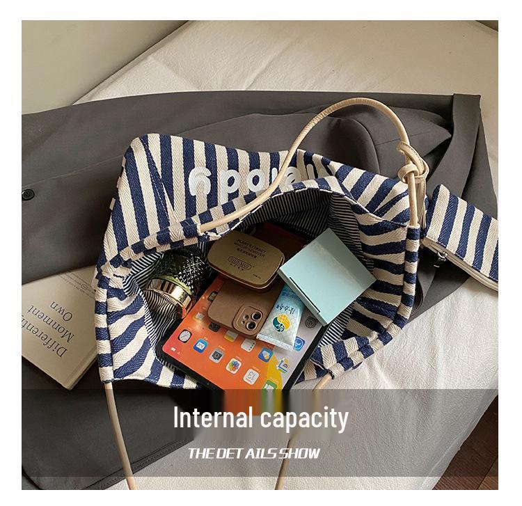 Canvas Striped Tote Bag - Women's College Style Handbag & Shoulder Bag